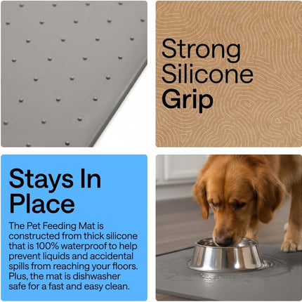 GORILLA GRIP 100% Waterproof Raised Edge BPA Free Silicone Pet Feeding Mat, Dog Cat Food Mats Contain Spills Protects Floors, Placemats for Cats and Dogs Water Bowl, Pets Accessories 18.5x11.5 Gray