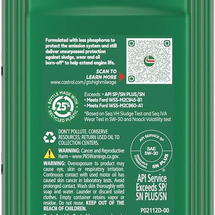 Castrol GTX High Mileage 5W-20 Synthetic Blend Motor Oil, 1 Quart, Pack of 6