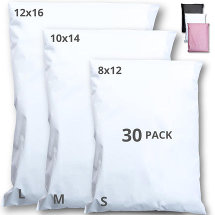 Shipping Bags (30 Pack) with Label Pouch - 8x12, 10x14 & 12x16 - Poly Mailers for Clothes, Self-Seal Plastic Mailing Envelopes - Tear & Water-Resistant Packaging Bags for Clothing, Not Padded