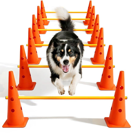 Dog Agility Course Backyard Set, Dog Agility Hurdle Cone Set with Height Adjustable Crossbar for Rehabilitation & Beginners, Dog Agility Equipment for Dog Obstacle Course - 12 Inch