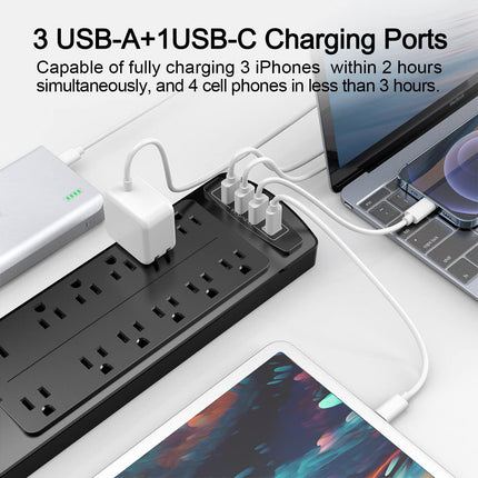 6 Ft Surge Protector Power Strip with 12 Outlets and 4 USB Ports