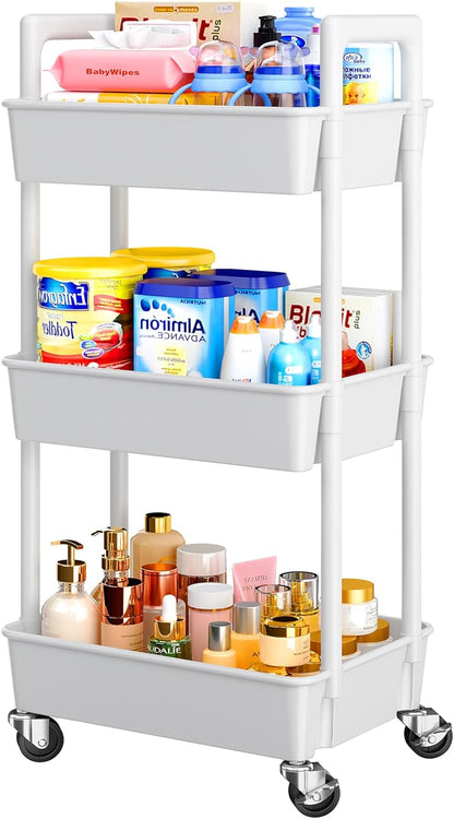 3-Tier White Plastic Rolling Utility Cart with Lockable Wheels