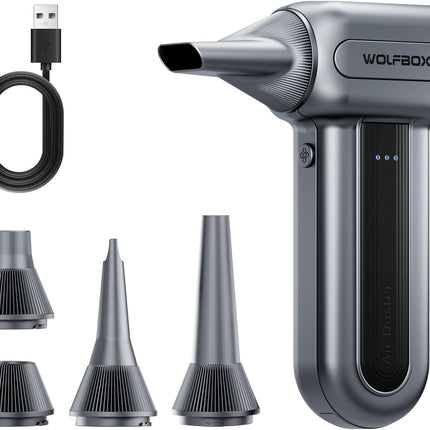 WOLFBOX MF70 Compressed Air Duster-110000 RPM Electric Air Duster with Extended Runtime, 3-Speed Rechargeable Air Blower for Keyboard, Computer, Camera, Car, Home, 5 Nozzles