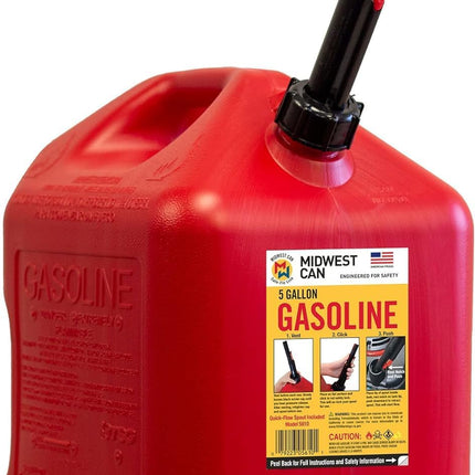 Midwest Can 5610 Safe-Flo Auto Shut Off 5 Gallon Gas Can – Durable Fuel Containers with FlameShield Safety System & Quick-Flow Spout - Red - 1 Pack