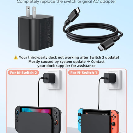 Switch 2 Charger with 3.3FT(1M) Charging Cable - 60W AC Power Adapter Support 4K TV Dock Mode, Power Supply 20V/3A Fast Cord for Switch/OLED/Lite&Steam Deck - Original Quality, Xbox 360 Console(3.3FT)