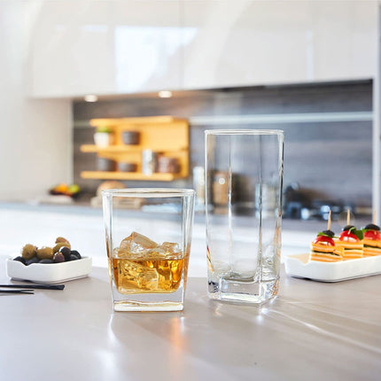 Square Everyday Drinking Glasses - Set of 16 Kitchen Drinkware Glass Cups.