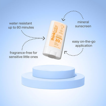 Thinkbaby SPF 30 Kids Sunscreen Stick for Sensitive Skin, 0.64 oz, Baby Sunscreen with Non-Nano Zinc Oxide 24%, Broad Spectrum UVA/UVB Protection, 80-Minute Water Resistant, Reef Friendly SPF Stick
