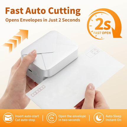 White Rechargeable Electric Letter Opener – Automatic Envelope Slitter with Safe Hidden Blade, 1500 Cuts/Charge, Portable for Office & Home, Elderly Friendly, No Battery Needed
