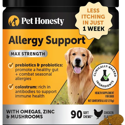 Dog Allergy + Itch Relief Max Strength Chews – Probiotic Supplement for Dogs with Colostrum, Omega Fatty Acids – Supports Seasonal Allergy Relief, Healthy Skin, Coat & Immune System (Chicken, 90ct)