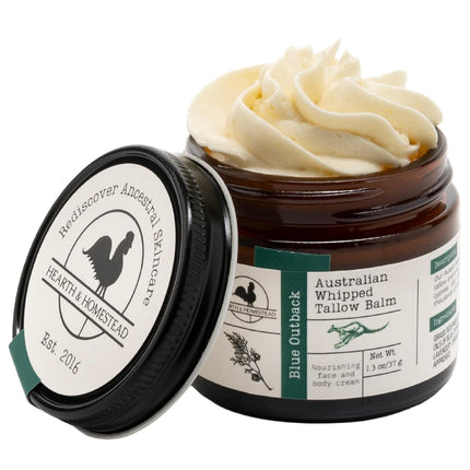Hearth and Homestead: Handmade Blue Outback Australian Whipped Tallow Balm with Emu, Jojoba, Sandalwood, and Blue Cypress - 1.3 oz