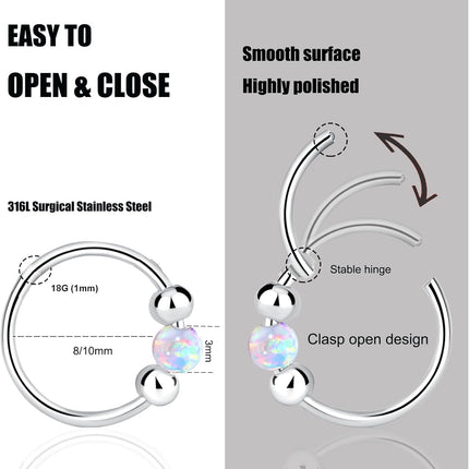 2 Pcs Small Cartilage Hoop Earrings for Women Men, 18G Opal Silver Earrings Hypoallergenic 316L Surgical Steel Hinge Huggie Hoop Earrings for Helix,Tragus,Conch,Rook,Earlobe Piercing Jewelry Nose Ring