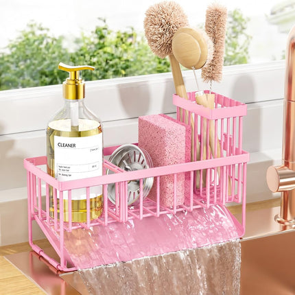 Sink Caddy Sponge Holder for Kitchen with Brush Holder and Stainless Steel Self Drain Tray, Rustproof Kitchen Sink Organizer for Sponge, Soap Dispenser Storage Accessories
