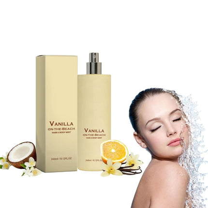 Vanilla On The Beach Hair & Body Mist, Friction Fragrance Tech, Long Lasting Hydrating Body Spray with Coconut Vanilla Amber Scent, Non-Sticky Perfume Mist for Hair & Body, All Skin Types (1)