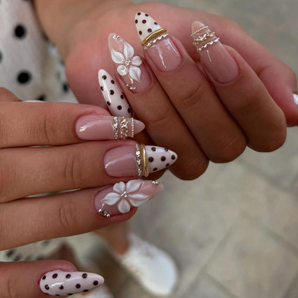 French Tips Press on Nails Medium Almond Nails Press on with 5D Flower Charm Design Glossy Brown Glue on Nails Water Ripple Rhinestones Fake Nail Reusable Fall Winter Nail for Women Manicure 24Pcs