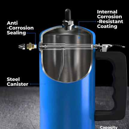 32oz Refillable Pressurized Sprayer, Steel Canister, Rust-Resistant Lining, Needle Valve Leak-Resistant, 1.0/0.6mm Nozzles, Funnel Included, 200 PSI Max, for Brake Cleaner & Solvents, Blue