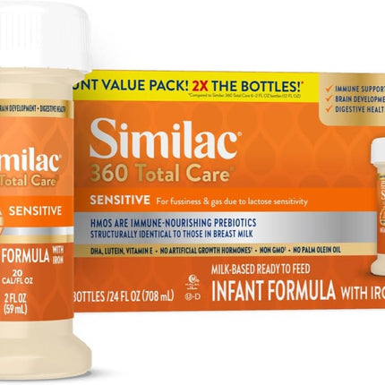 Similac 360 Total Care Sensitive Infant Formula for Fussiness & Gas Due to Lactose Sensitivity, Has 5 HMO Prebiotics, Baby Formula, Ready to Feed, 2-fl-oz Bottle, Pack of 12