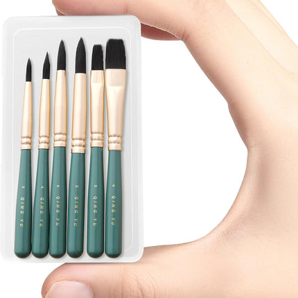 6-piece Mini Travel Watercolor Brush Set, Paint Brush Including Flat and Round Brushes Suitable for Watercolour, Oil or Acrylic Painting