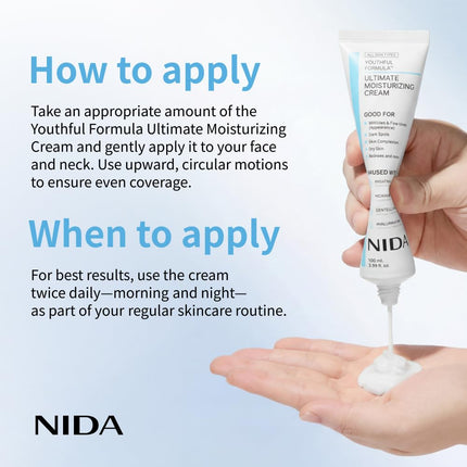 NIDA Youthful Formula™ Ultimate Moisturizing Cream | Centella Asiatica, Niacinamide, Hyaluronic Acid, Collagen | Wrinkles, Fine Lines, Dark Spots, Dry Skin, Redness | 3.38 fl. oz., 100ml (New Formula)