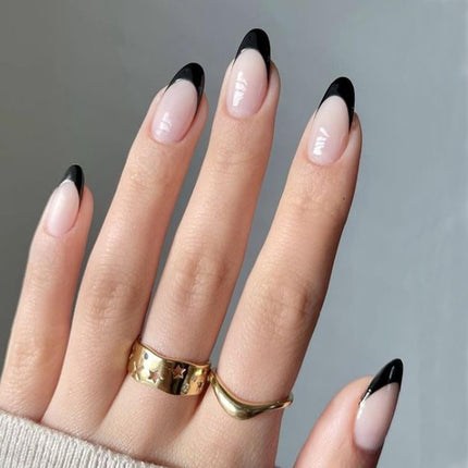 French Tip Press On Nails Short Almond 32Pcs 16 Sizes Reusable