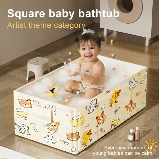 Foldable Baby Bathtub with Cute Animal Print, Portable Infant Bath Tub
