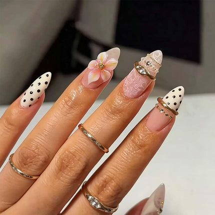 Press on Nails Almond Fake Nails with Gold Line Design Glue on Nails Acrylic Nails Glossy Full Cover Stick on Nails for Women 24Pcs
