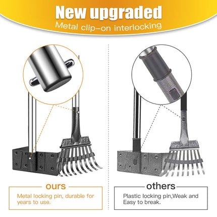 Recogedor para heces de perro con mango largo, bandeja de metal inoxidable y rastrillo para perros medianos y pequeños, suministros resistentes para usar en césped, tierra o grava