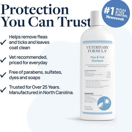 Veterinary Formula Flea and Tick Shampoo for Dogs and Cats, Flea and Tick Control Formula Helps Soothe Itchy Skin While Cleansing, Paraben, Dye, and Soap Free, 2 Pack, 16 fl oz Each