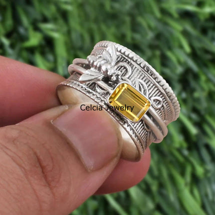 Solid 925 Sterling Silver Honey Bee Spinner Meditation Ring, Natural Abalone Shell Gemstone Ring