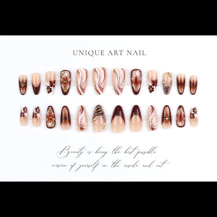 24Pcs Brown French Tip Press on Nails - Medium Almond Fake Nails with 3D Rhinestones Pearls Design Brown Lily Flower False Nails Nude Glossy Full Cover Chrome Gold Artificial Glue on Nails for Women