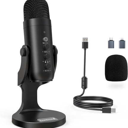 Podcast Microphone for PC, Noise Cancellation USB Mic with Gain, Volume Adjustment & Mute Button, Monitoring & Echo, for YouTube, TikTok, Podcasting, Streaming, iPhone, iPad, Android, Mac
