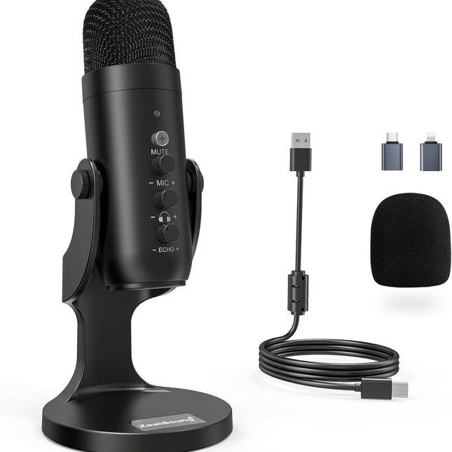 Podcast Microphone for PC, Noise Cancellation USB Mic with Gain, Volume Adjustment & Mute Button, Monitoring & Echo