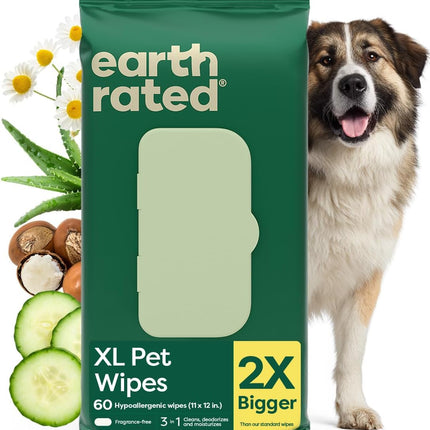 Earth Rated XL Pet Wipes for Dogs & Cats, Unscented Hypoallergenic, 60 Ct