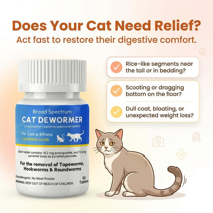 Dewormer for Cat and Kittens, Broad Spectrum Praziquantel & Pyrantel Pamoate Tablet, Removal of Tapeworms, Hookworms & Roundworms, Effective and Fast (50 Tablets)