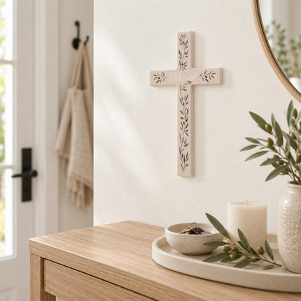 Wall Cross, Wooden Olive Branch Christian Wall Decor, Baptism Gift for Home