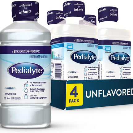 Pedialyte Electrolyte Drink, Hydration Drinks for Kids & Adults, Unflavored, 1 Liter, Pack of 4