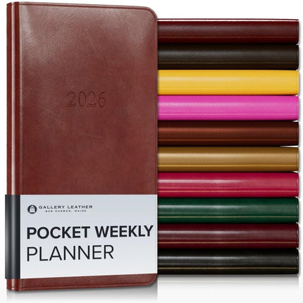 Gallery Leather Pocket Weekly Monthly Planner 2025-2026, Elegantly Bound Calendar Planner and Notebook with Stylish Gold-Gilded Page Edges, 12 Months - Acadia Tan - 6 x 3.25 "