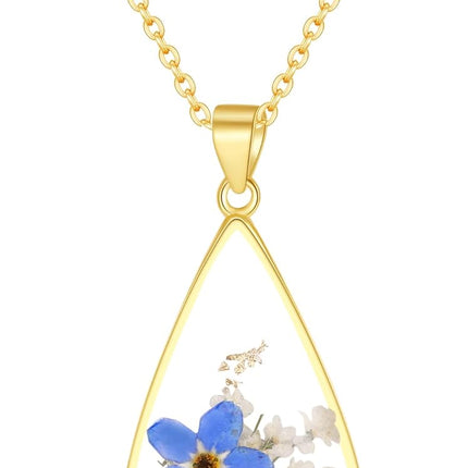 AUNTESIGN Forget-Me-Not and Queen Anne's Lace Pressed Wildflower Necklace | Birth Month Real Flower Necklace | Gold/Silver Pressed Flower Jewelry | Easter Gift For Her