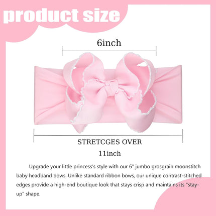 6'' Jumbo Pink Baby Girls Bow Headbands, Handmade Grosgrain Moonstitch Boutique Baby Headwraps, Super Stretchy Soft Nylon Headbands for Newborns, Infants & Toddlers