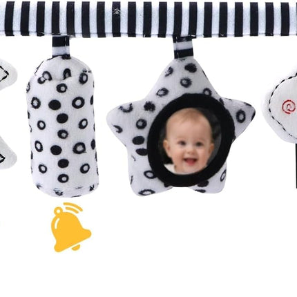 TinlyFinly Baby Bouncer Toy Bar Soft with 4 Hanging Sensory Toys Attachment, Compatible with Baby Bjorn Bouncer, with Mirror, Rattle, Crinkle Sound for Babies All Ages (Black and White Shapes)