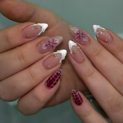 French Tips Press on Nails Medium Almond Nails Press on with 5D Flower Charm Design Glossy Brown Glue on Nails Water Ripple Rhinestones Fake Nail Reusable Fall Winter Nail for Women Manicure 24Pcs