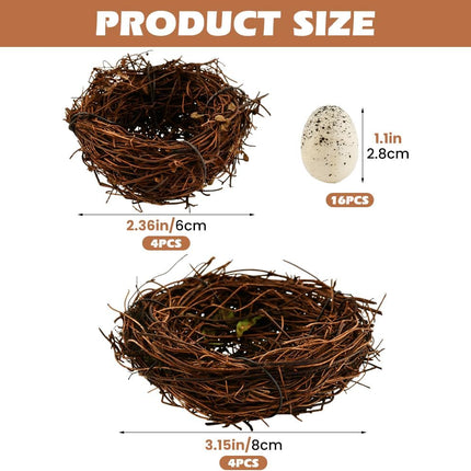 Rattan Bird Nest Set, 8 Nests with 16 Eggs (24 Pcs), Easter Spring Decor, DIY Craft Supplies for Weddings, Parties & Home Decorations