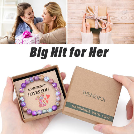 Easter Basket Stuffers - Handmade Crystal Bracelet with Cute Bunny Card/Gift Box-Elastic Design for Girls/Boys/Adults