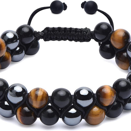 HASKARE Triple Protection Bracelet for Men - Genuine Tigers Eye Black Obsidian Hematite 8mm Natural Stone Beads Stretchy Healing Crystal Jewelry, Anxiety Relief Energy, Ideal for Dad Husband Christmas Birthday