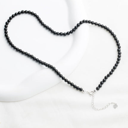 Kakikaki Natural Agate Choker Necklace Sterling Silver Round Beads Strand Necklace for Women