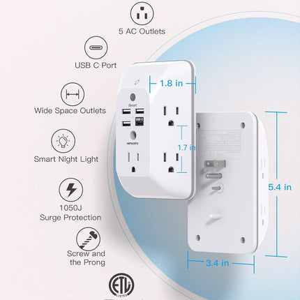 Outlet Extender with Night Light, HANYCONY Multi Plug Outlet, USB Wall Charger Surge Protector 4 USB Ports(1 USB C), Power Strip Electrical Outlet Splitter Expander for Home Office Dorm Room, ETL