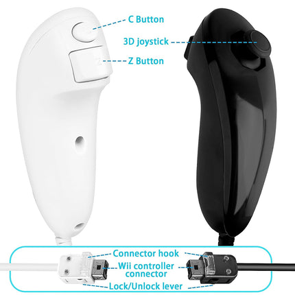 SWeien Wii Nunchuck Controller, 2 Packs Nunchuck Controller Replacement Joystick Gamepad Compatible with Nintendo Wii & Wii U Console (Black + White)
