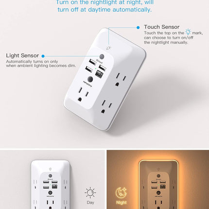Outlet Extender with Night Light, HANYCONY Multi Plug Outlet, USB Wall Charger Surge Protector 4 USB Ports(1 USB C), Power Strip Electrical Outlet Splitter Expander for Home Office Dorm Room, ETL