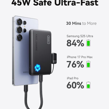 INIU Portable Charger, Ultra Slim 45W Fast Charging with Attached USB C Cable, Flight-Safe 10000mAh PD Power Bank Battery Pack, Travel Essential Phone Powerbank for iPhone 17 16 Samsung S25 Google etc