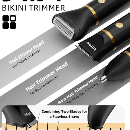 Ufree Bikini Trimmer Electric Razors for Women, Rechargeable Pubic Body Hair Trimmer Electric Shaver for Legs Body Hair, Bikini Shaver IPX7 Waterproof, Gifts for Women, Black