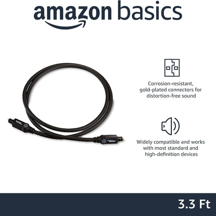 Toslink Digital Optical Audio Fiber Optic Cable, Multi-Channel, for Sound Bar, Audio System, Home Theatre, Gold-Plated Connectors, 3.3 Feet, Black